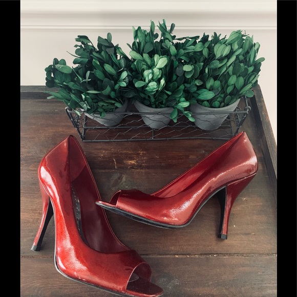 BCBG Patent Leather Peep Toe
Heels, Ruby Red Pumps, Sandals - Picture 3 of 5